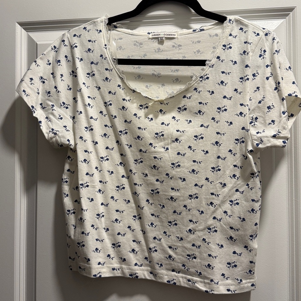Goddess White and Blue Lace Floral Top
